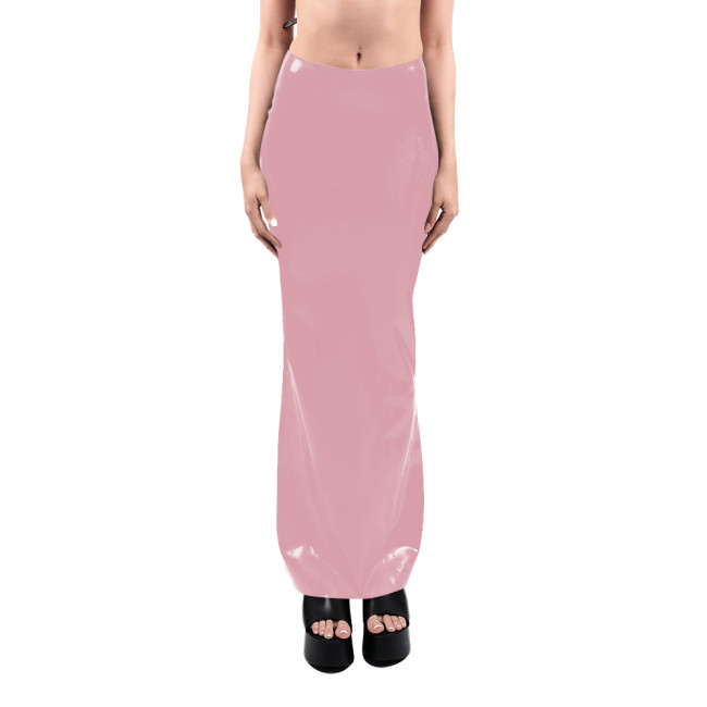 Sissy High Waist Faux Latex Long Skirt Sexy Stretch PVC Bodycon Pencil Skirts Shiny Zipper Split Back Gothic Skirts Clubwear