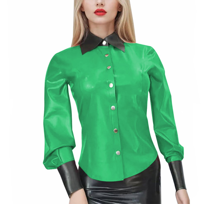 New Fashion Patent Leather PVC Shirts Women Elegant Patchwork Long Sleeve Blouses Office Lady Black Turn Down Collar Casual Tops