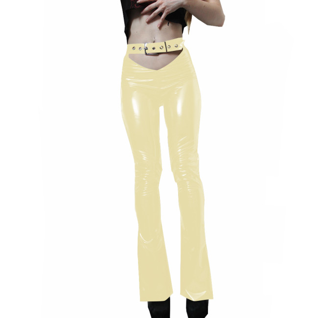 Sexy Shiny Womens Cut-out PVC Pants Wetlook Faux Leather High Waist Stretchy Long Pencil Pants Punk Girls Skinny Buckle Trousers