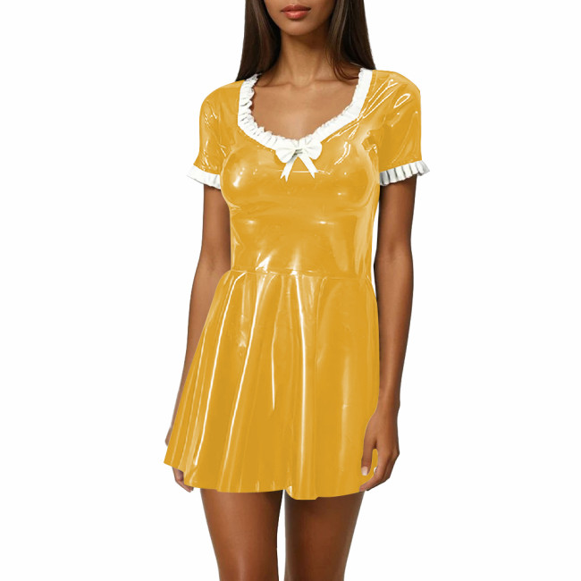 Women Sweet Mini Dress Sweetheart Neck Ruffle Bow Slim and Flared Dress Vinyl PVC Leather Lolita Style Short Sleeve Short Dress