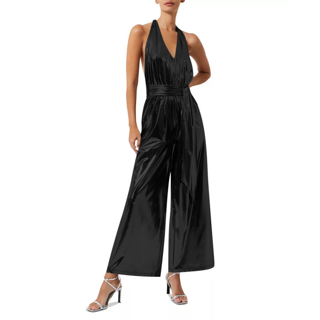 French Sexy Liquid Metallic Backless Jumpsuit for Womens Off-shoulder V-neck Laides Wide Leg Romoers Fashion One Piece Overalls