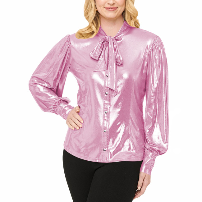 Office Ladies Shiny Necktie Blouse Fashion High Street Lantern Sleeve Shirt Liquid Metallic Button-up Front Shirts Womens Tops
