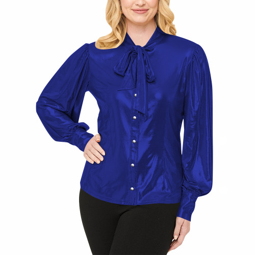 Office Ladies Shiny Necktie Blouse Fashion High Street Lantern Sleeve Shirt Liquid Metallic Button-up Front Shirts Womens Tops