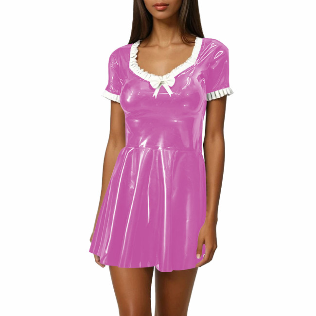 Women Sweet Mini Dress Sweetheart Neck Ruffle Bow Slim and Flared Dress Vinyl PVC Leather Lolita Style Short Sleeve Short Dress