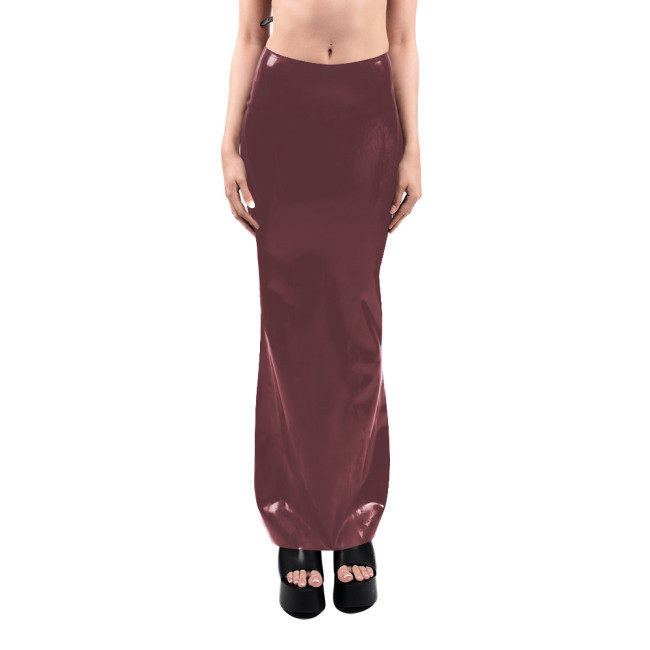 Sissy High Waist Faux Latex Long Skirt Sexy Stretch PVC Bodycon Pencil Skirts Shiny Zipper Split Back Gothic Skirts Clubwear