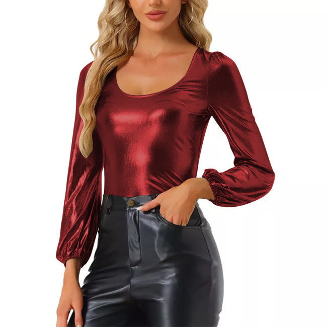 Basics Long Sleeves Scoop Neck T-shirts Liquid Metallic Solid Fashion Slim Top Ladies Streetwear Womens Soft Spandex T-Shirts