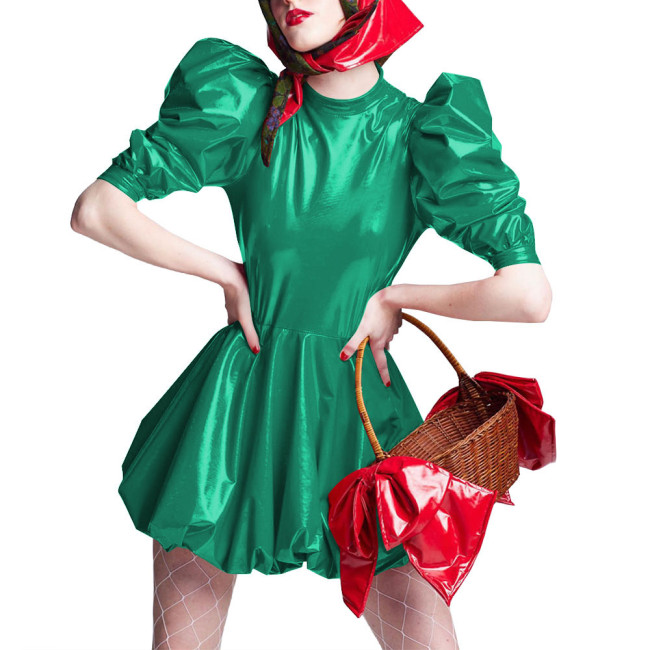 Sissy Wet Look Patent Leather Mini Dresses for Cosplay Party Costume Cross Dressering Shiny PVC Pleated Dresses Princess Outfits