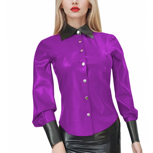 New Fashion Patent Leather PVC Shirts Women Elegant Patchwork Long Sleeve Blouses Office Lady Black Turn Down Collar Casual Tops