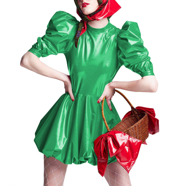 Sissy Wet Look Patent Leather Mini Dresses for Cosplay Party Costume Cross Dressering Shiny PVC Pleated Dresses Princess Outfits