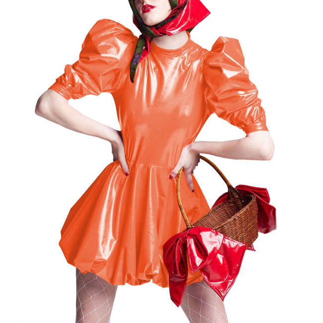 Sissy Wet Look Patent Leather Mini Dresses for Cosplay Party Costume Cross Dressering Shiny PVC Pleated Dresses Princess Outfits