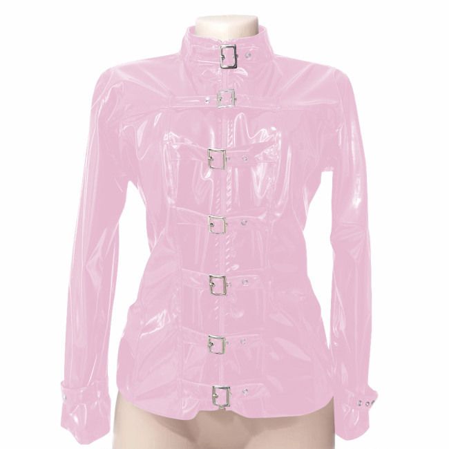Steampunk Latex-look Bondage Jacket Mens Womens PVC Vinly Leather Buckle Jackets T-shirt Tops Party Club Long Sleeved Jackets