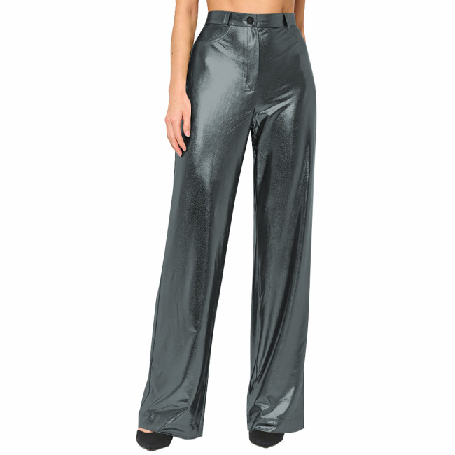 Womens Metallic Shiny Straight-leg Pants Sexy Nightclub Wide-Leg Pants Casual Pants Party Clubwear Liquid Metallic Long Trousers