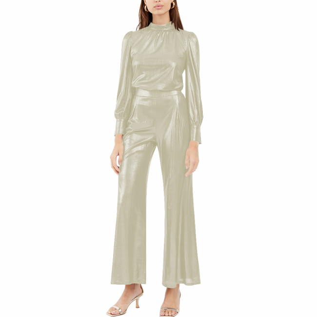 Women's Elegant Metallic Long Sleeved Top and Wide-Leg Pants Fashion Streetwear Ladies Eeving Party Pant Sets Casual Outfirs