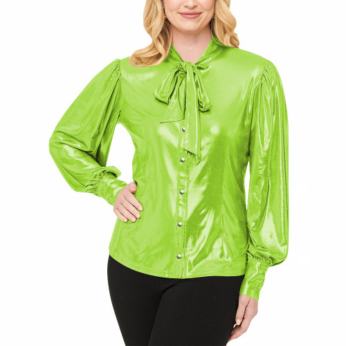 Office Ladies Shiny Necktie Blouse Fashion High Street Lantern Sleeve Shirt Liquid Metallic Button-up Front Shirts Womens Tops