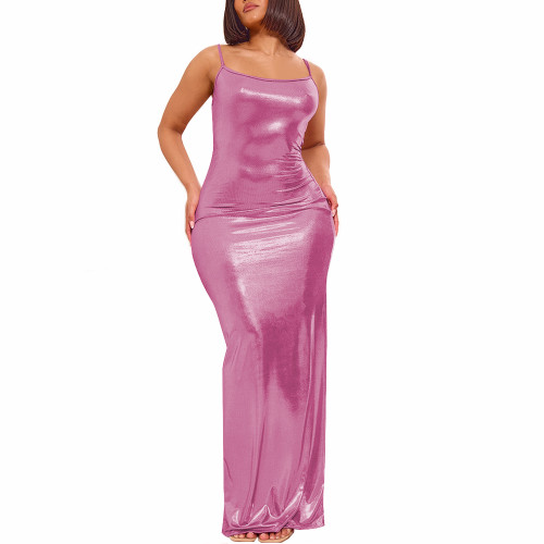 Elegant Soft Spandex Spaghetti Strap Bodycon Long Dress Women's Sexy Evening Gown Liquid Metallic Full-length Mermaid Dresses