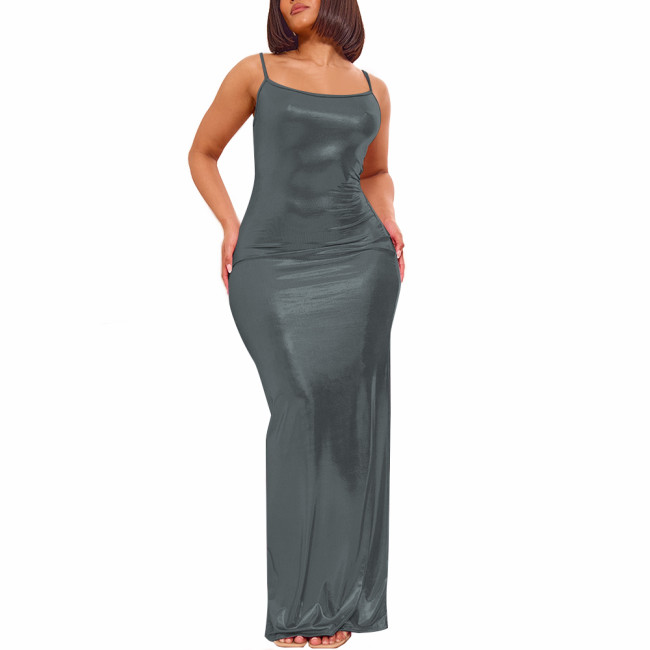Elegant Soft Spandex Spaghetti Strap Bodycon Long Dress Women's Sexy Evening Gown Liquid Metallic Full-length Mermaid Dresses