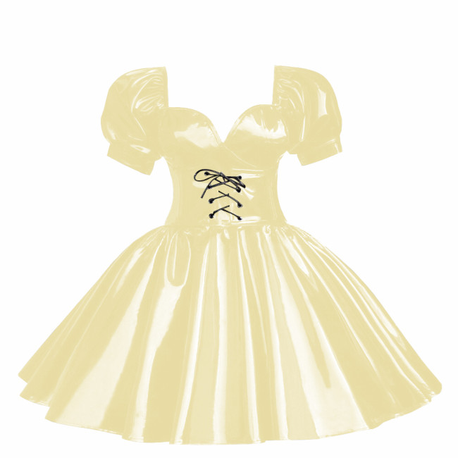 Cross-dressers Sweetheart Neck Puff Sleeve Mini Dress Shiny PVC Leather Pleated A-line Party Dress Cosplay Princess Dress OutfitCasual Party Cocktail Dress