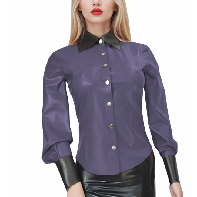 New Fashion Patent Leather PVC Shirts Women Elegant Patchwork Long Sleeve Blouses Office Lady Black Turn Down Collar Casual Tops