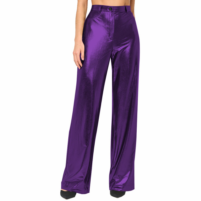 Womens Metallic Shiny Straight-leg Pants Sexy Nightclub Wide-Leg Pants Casual Pants Party Clubwear Liquid Metallic Long Trousers