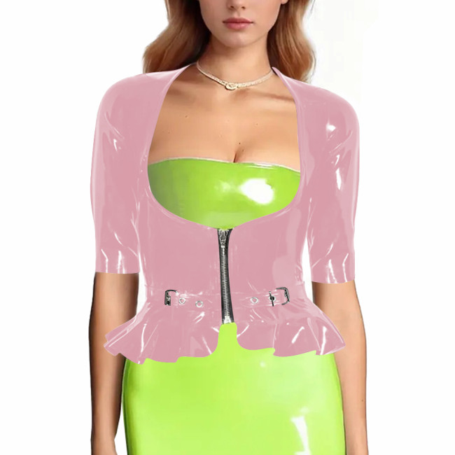 Women's Glossy Leather Jacket Wetlook Sexy Nightclub Short Jacket Ladies Half Sleeve Short Coat with Ruffles Rave Party Clubwear