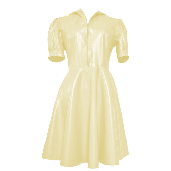 New Hooded Puff Short Sleeve Dress Women Vinyl PVC Leather High Waist A- Line Dress Party Swing Fit and Flare Skater Mini Dress