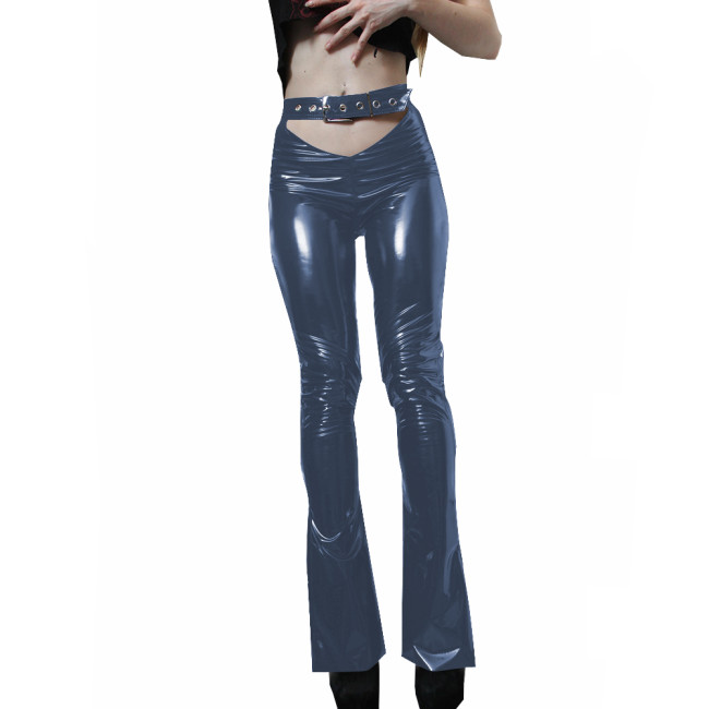 Sexy Shiny Womens Cut-out PVC Pants Wetlook Faux Leather High Waist Stretchy Long Pencil Pants Punk Girls Skinny Buckle Trousers