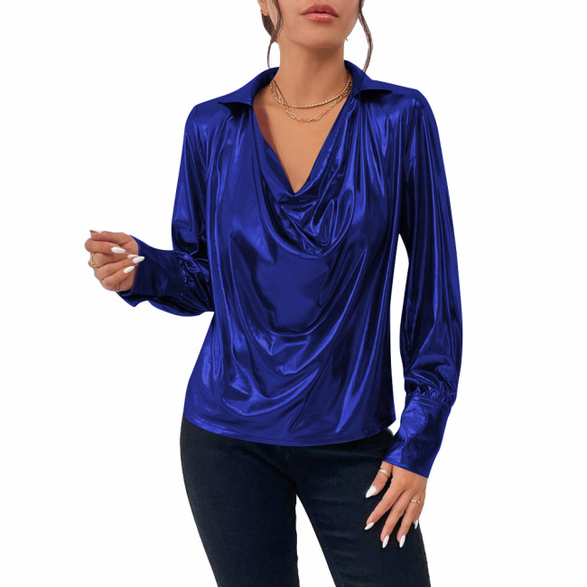 Ladies Elegant Draped Collar Metallic Blouse Womens Casual Long Sleeved Liquid Metallic Pullover Tops Fashion Cowl Neck Shirts
