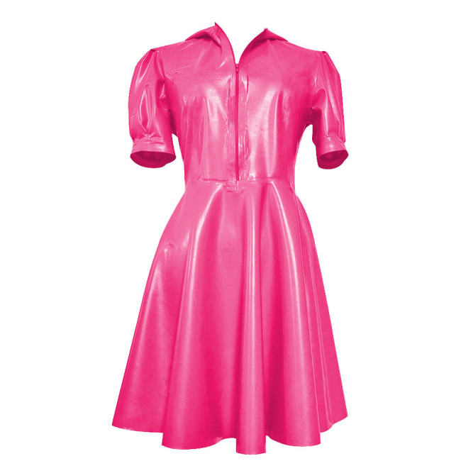 New Hooded Puff Short Sleeve Dress Women Vinyl PVC Leather High Waist A- Line Dress Party Swing Fit and Flare Skater Mini Dress