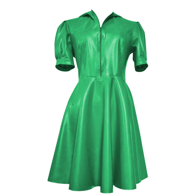 New Hooded Puff Short Sleeve Dress Women Vinyl PVC Leather High Waist A- Line Dress Party Swing Fit and Flare Skater Mini Dress