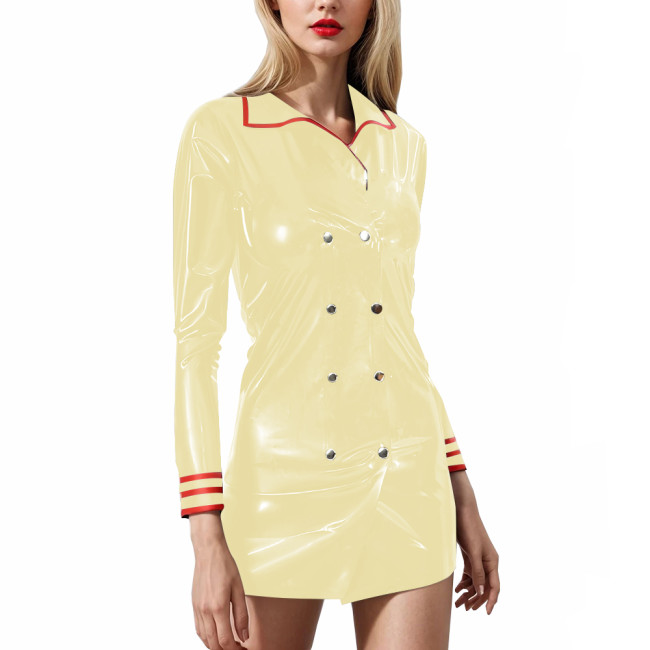 Fashion Latex-look PVC Leather Mini Dress Novelty Uniform Style Double-Breasted Long Sleeve Womens Dress Sexy Cosplay Costume