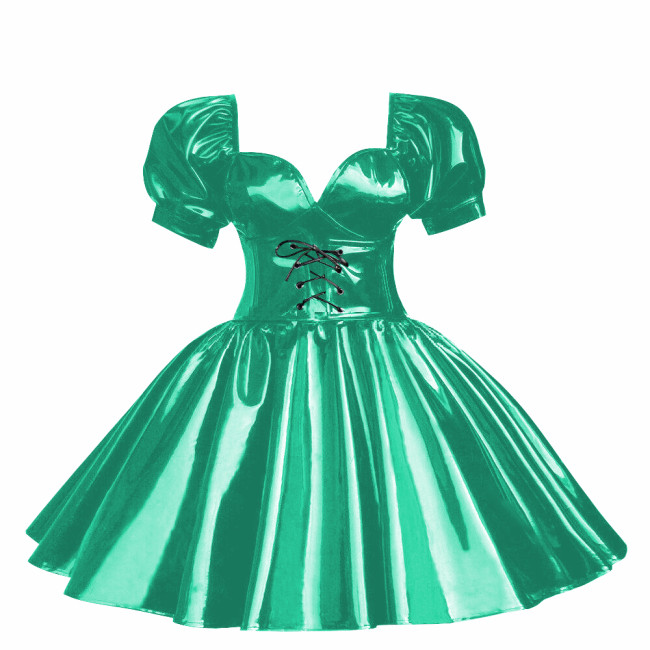 Cross-dressers Sweetheart Neck Puff Sleeve Mini Dress Shiny PVC Leather Pleated A-line Party Dress Cosplay Princess Dress OutfitCasual Party Cocktail Dress