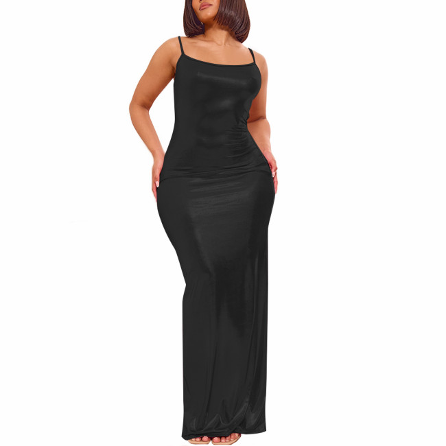 Elegant Soft Spandex Spaghetti Strap Bodycon Long Dress Women's Sexy Evening Gown Liquid Metallic Full-length Mermaid Dresses