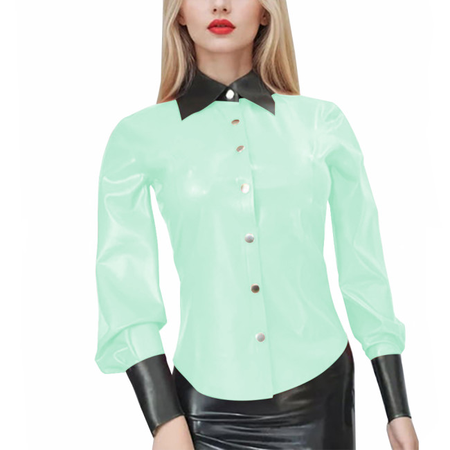 New Fashion Patent Leather PVC Shirts Women Elegant Patchwork Long Sleeve Blouses Office Lady Black Turn Down Collar Casual Tops