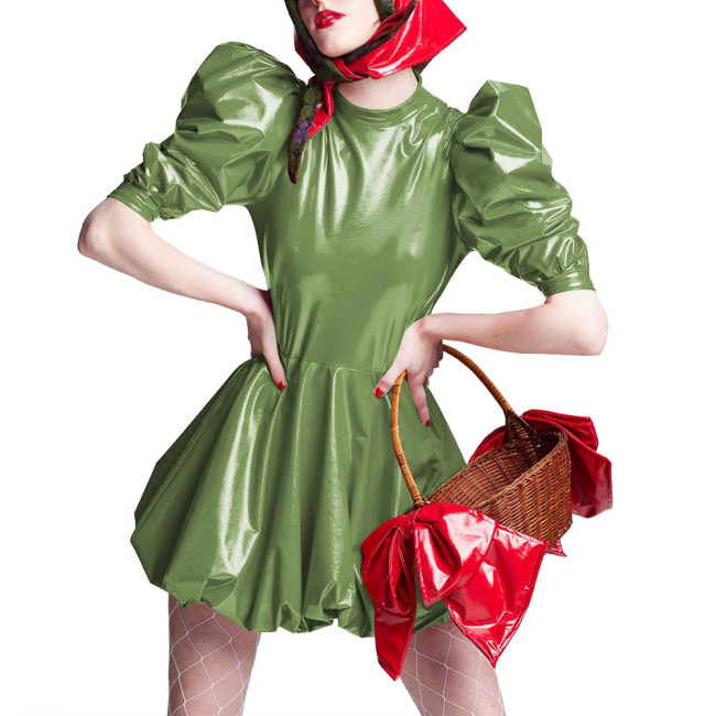 Sissy Wet Look Patent Leather Mini Dresses for Cosplay Party Costume Cross Dressering Shiny PVC Pleated Dresses Princess Outfits