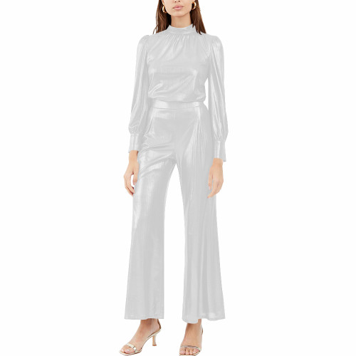 Women's Elegant Metallic Long Sleeved Top and Wide-Leg Pants Fashion Streetwear Ladies Eeving Party Pant Sets Casual Outfirs