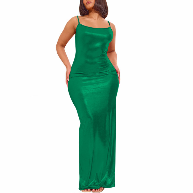 Elegant Soft Spandex Spaghetti Strap Bodycon Long Dress Women's Sexy Evening Gown Liquid Metallic Full-length Mermaid Dresses