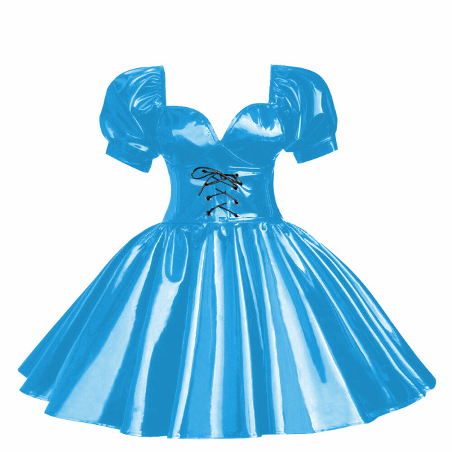 Cross-dressers Sweetheart Neck Puff Sleeve Mini Dress Shiny PVC Leather Pleated A-line Party Dress Cosplay Princess Dress OutfitCasual Party Cocktail Dress