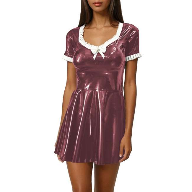 Women Sweet Mini Dress Sweetheart Neck Ruffle Bow Slim and Flared Dress Vinyl PVC Leather Lolita Style Short Sleeve Short Dress