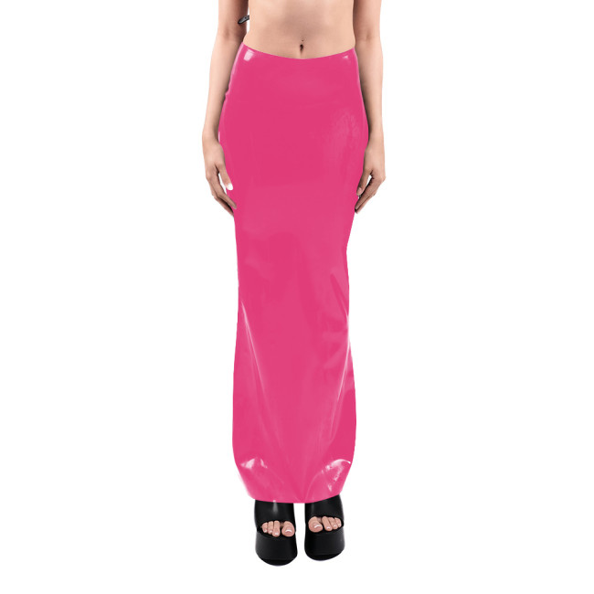 Sissy High Waist Faux Latex Long Skirt Sexy Stretch PVC Bodycon Pencil Skirts Shiny Zipper Split Back Gothic Skirts Clubwear