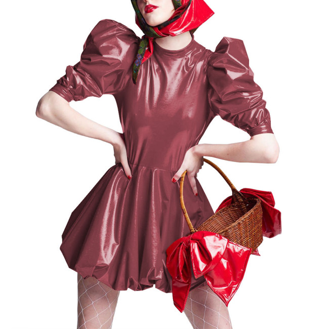 Sissy Wet Look Patent Leather Mini Dresses for Cosplay Party Costume Cross Dressering Shiny PVC Pleated Dresses Princess Outfits