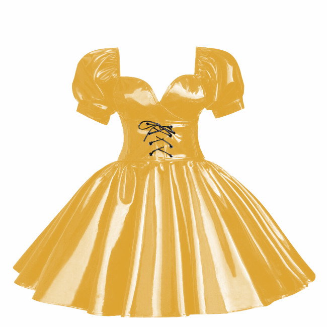 Cross-dressers Sweetheart Neck Puff Sleeve Mini Dress Shiny PVC Leather Pleated A-line Party Dress Cosplay Princess Dress OutfitCasual Party Cocktail Dress