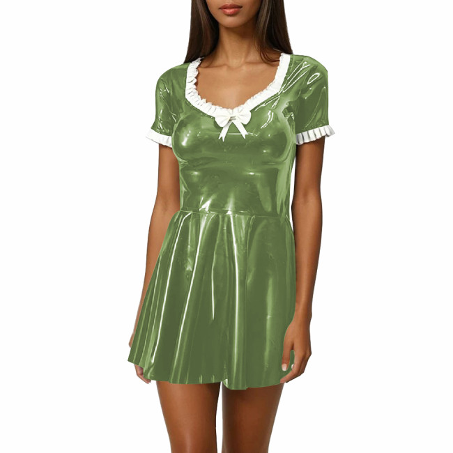 Women Sweet Mini Dress Sweetheart Neck Ruffle Bow Slim and Flared Dress Vinyl PVC Leather Lolita Style Short Sleeve Short Dress