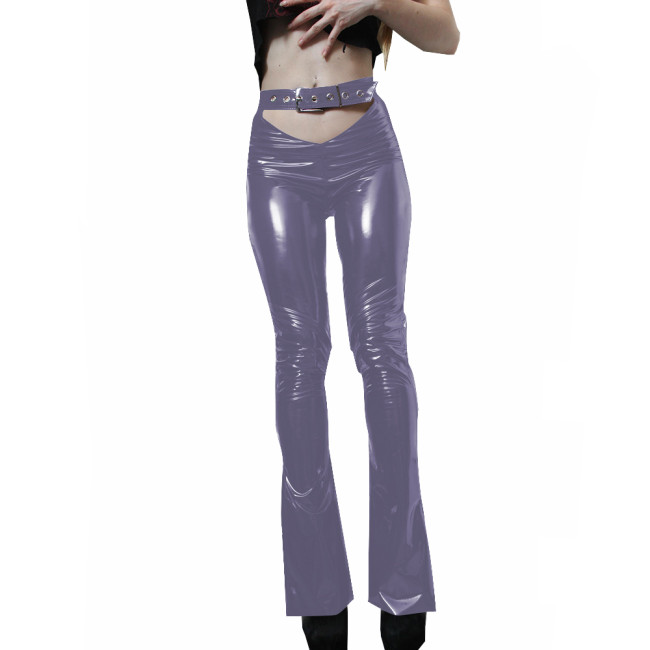 Sexy Shiny Womens Cut-out PVC Pants Wetlook Faux Leather High Waist Stretchy Long Pencil Pants Punk Girls Skinny Buckle Trousers