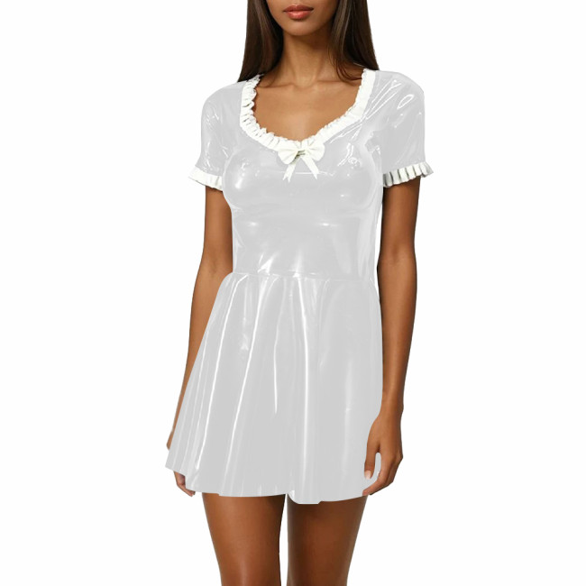 Women Sweet Mini Dress Sweetheart Neck Ruffle Bow Slim and Flared Dress Vinyl PVC Leather Lolita Style Short Sleeve Short Dress