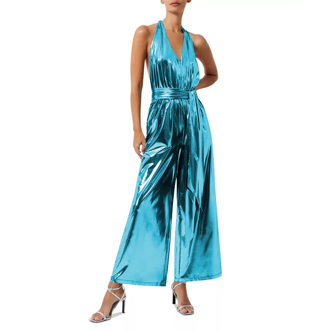 French Sexy Liquid Metallic Backless Jumpsuit for Womens Off-shoulder V-neck Laides Wide Leg Romoers Fashion One Piece Overalls