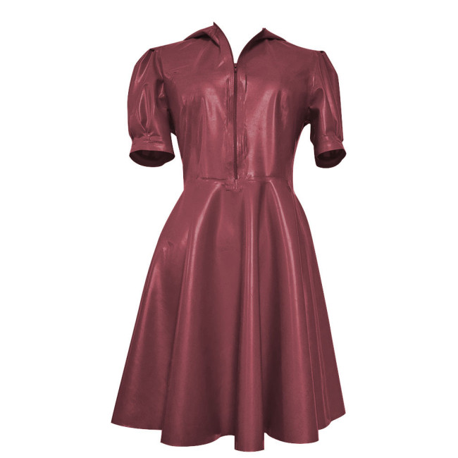 New Hooded Puff Short Sleeve Dress Women Vinyl PVC Leather High Waist A- Line Dress Party Swing Fit and Flare Skater Mini Dress