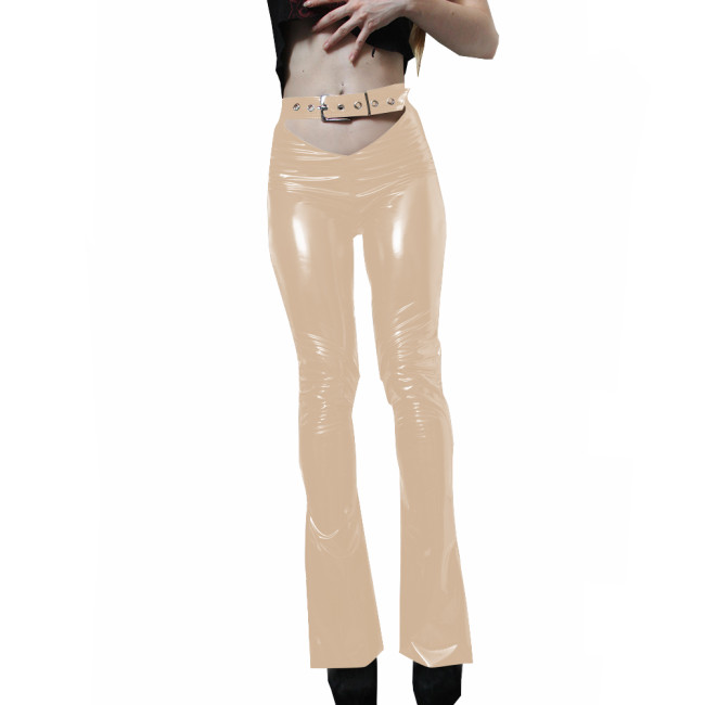 Sexy Shiny Womens Cut-out PVC Pants Wetlook Faux Leather High Waist Stretchy Long Pencil Pants Punk Girls Skinny Buckle Trousers