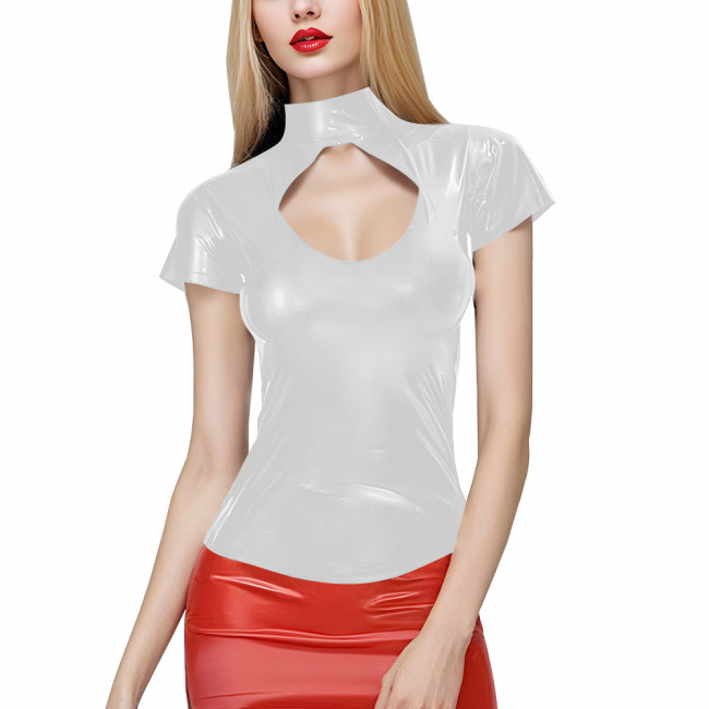 Ladies Patent PVC Leather Slim T-shirts Punk Club Sexy Hollow Out Tops Womens Short Sleeved Turtleneck Solid Color Tee Shirtsfles Hem Top Streetwear