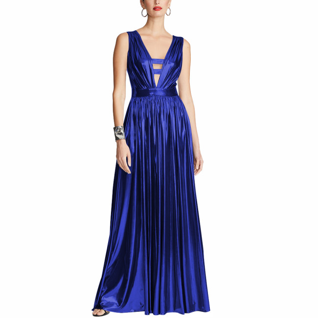 Elegant V-Neck Floor-length Dress Soft Liquid Metallic Evening Gown for Women Sleeveless Slim High Waist Party Pleated Dresses