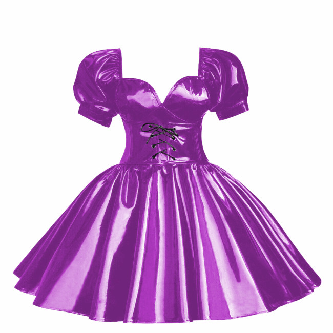 Cross-dressers Sweetheart Neck Puff Sleeve Mini Dress Shiny PVC Leather Pleated A-line Party Dress Cosplay Princess Dress OutfitCasual Party Cocktail Dress